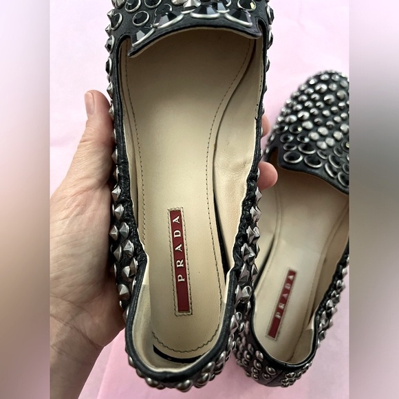 PRADA Studded Crystals Black Leather Slip On Smoking Loafers Flats Shoes Sz 38 - Picture 7 of 10
